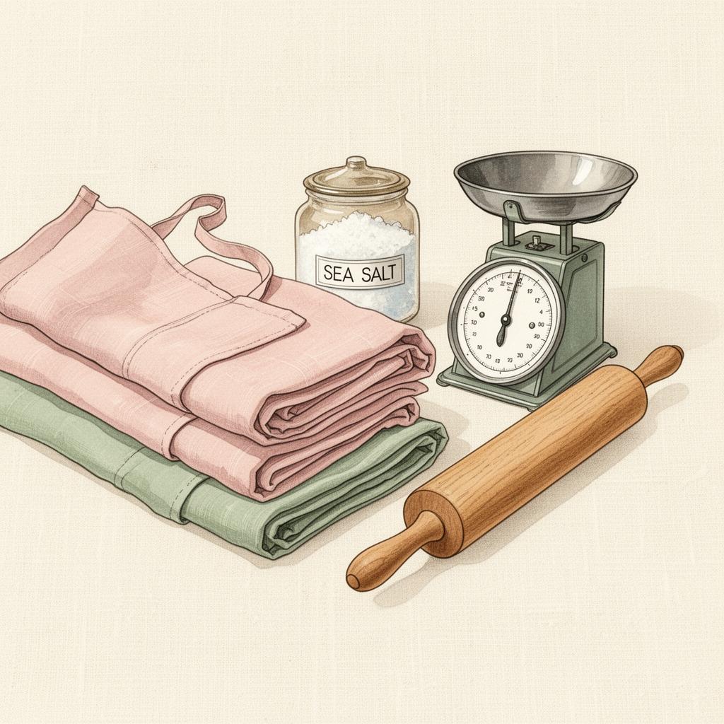 Folded aprons, a scale, and a rolling pin on linen
